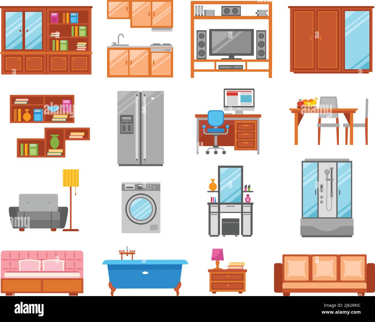 Set of different types of interior  furniture icons for room bathroom and kitchen vector illustration Stock Vector