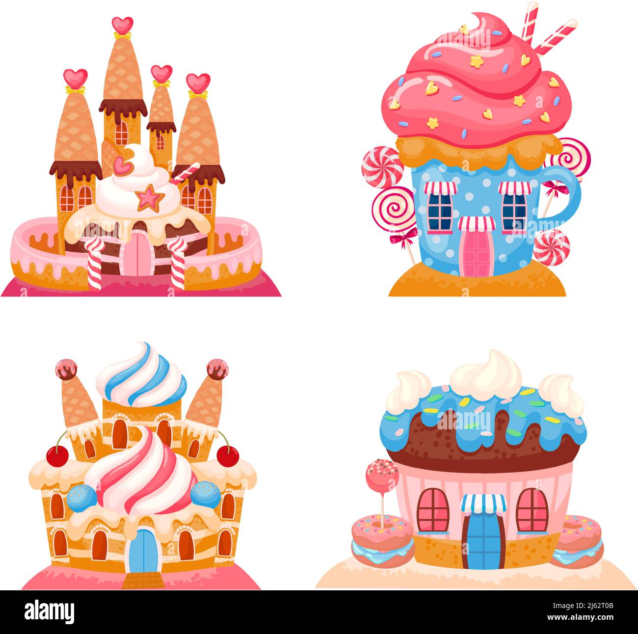 Candyland chocolate biscuit houses, sweet castles set Stock Vector