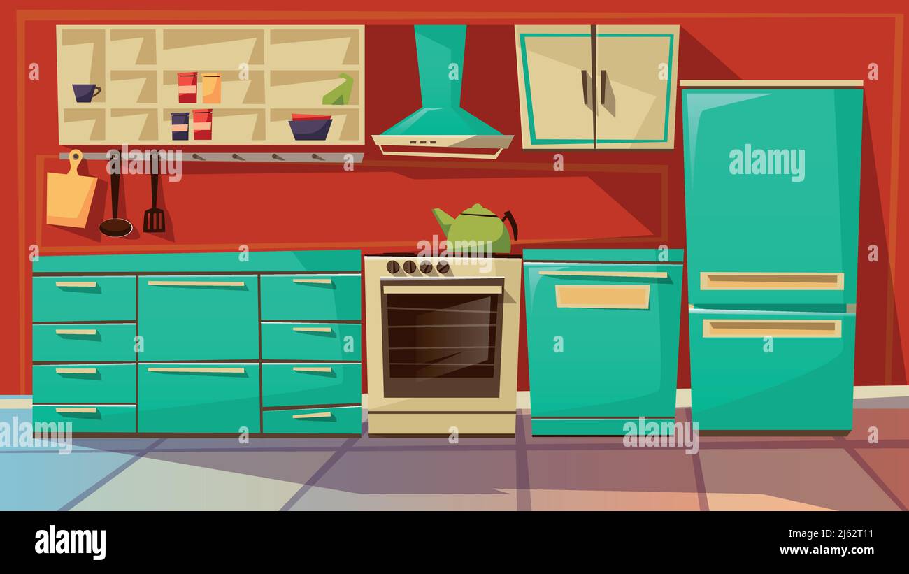 Modern kitchen interior vector illustration. Cartoon flat background design  of kitchen furniture and appliances refrigerator or cupboard, cooking stov  Stock Vector Image & Art - Alamy