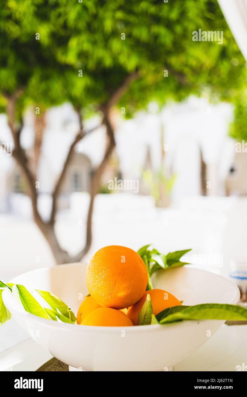 Orange fruits in a vase in Moroccan Riad Stock Photo