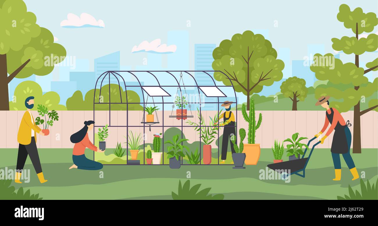 Gardening together, people grow plant on farm Stock Vector