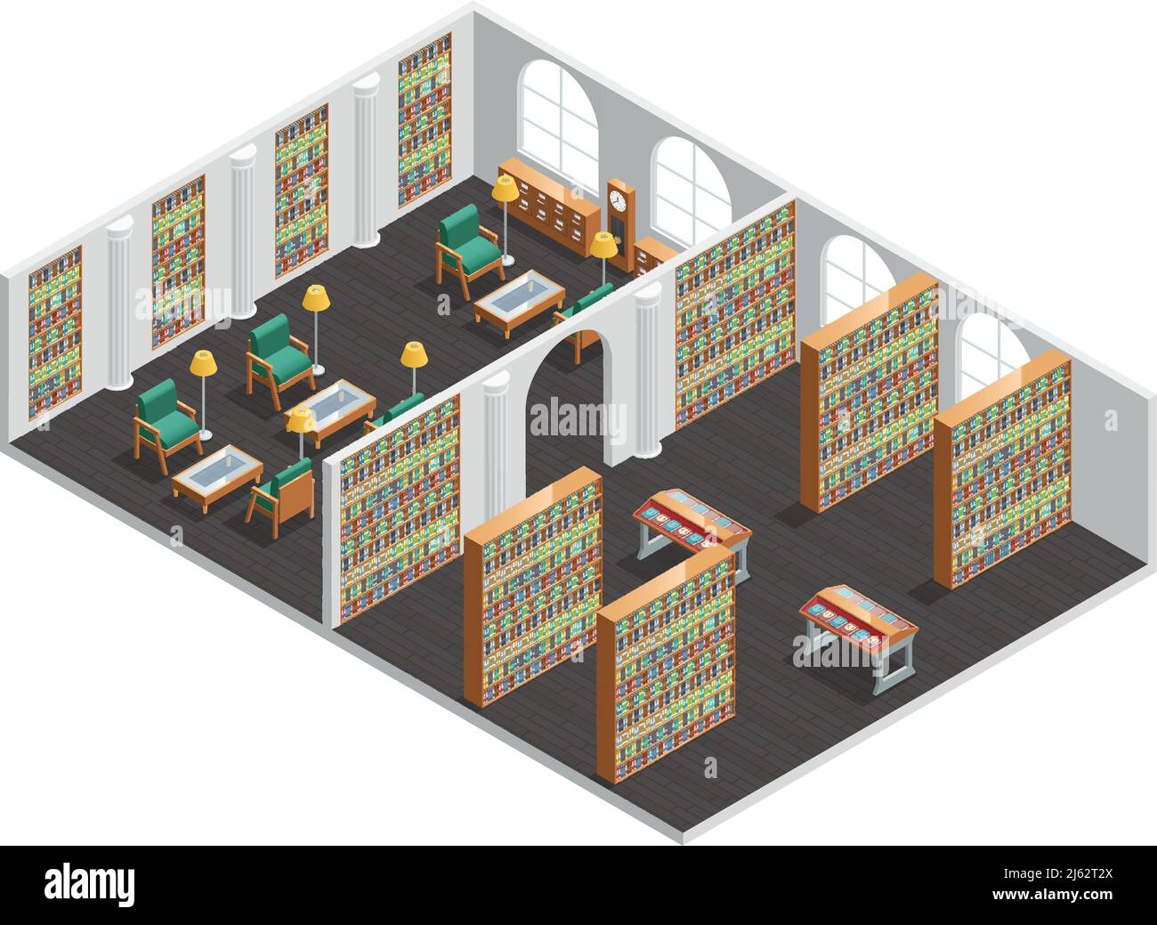 Isometric interior for empty bookstore and library rooms with bookshelves and armchairs vector illustration Stock Vector