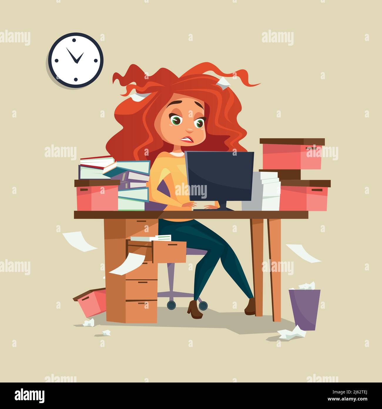 Woman in office stress vector illustration of cartoon girl manager working  on computer with disheveled messy hair and documents piles. Overwork and de  Stock Vector Image & Art - Alamy