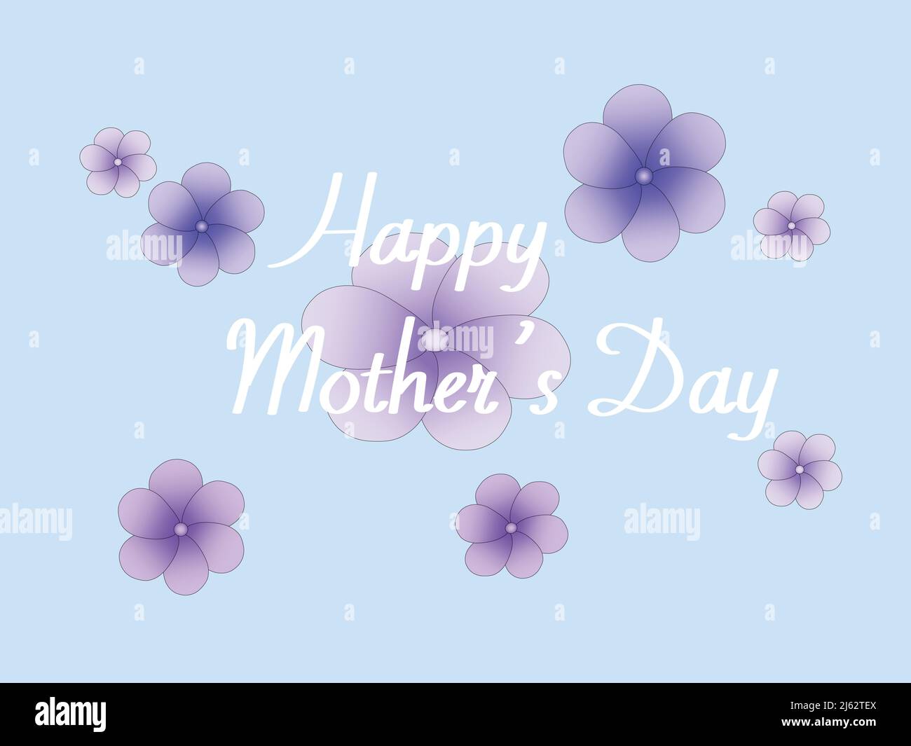 illustration of happy mothers day lettering near purple flowers on blue ...