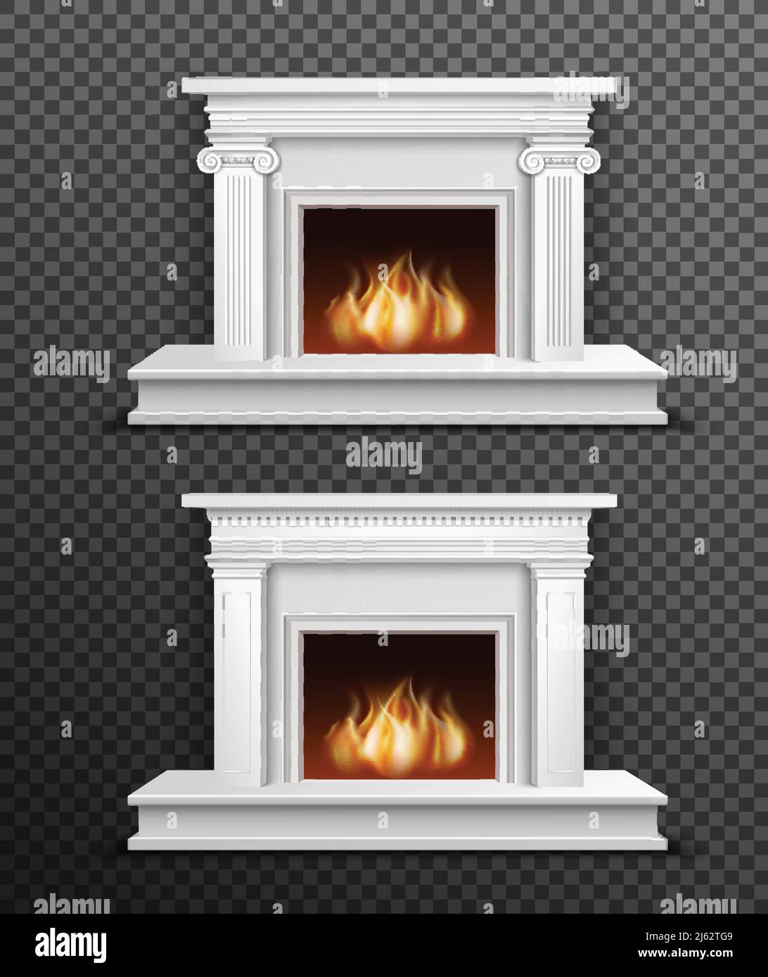 Set of 2 modern white indoor burning fireplaces one under another on black transparent background vector illustration Stock Vector