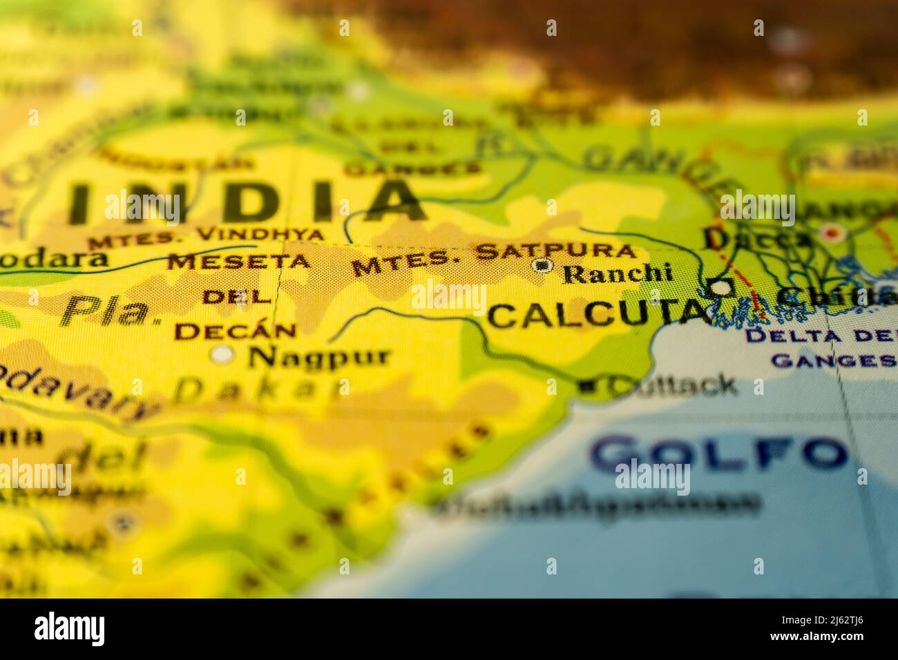 Close-up orographic map of Bangladesh, Ganges delta and Northwest India, with references in Spanish. Concept cartography, Travel, geography. Different Stock Photo