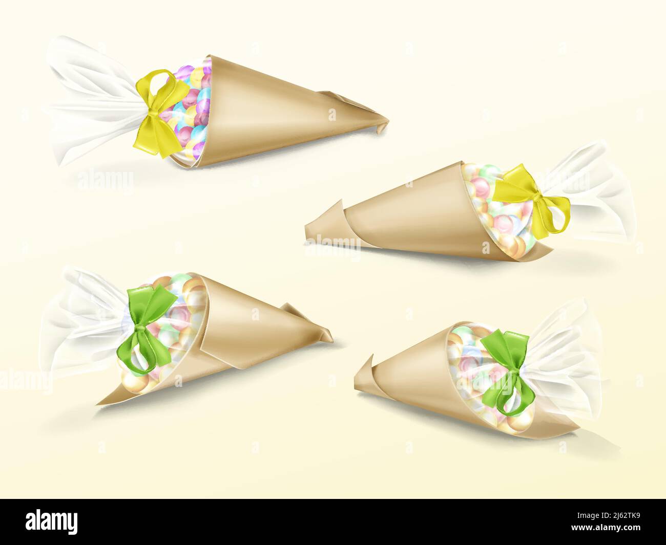 Vector realistic set of paper cone bags with colorful candies dragee and yellow and green silk ribbons. Hand made packaging for sweet snacks, gifts an Stock Vector