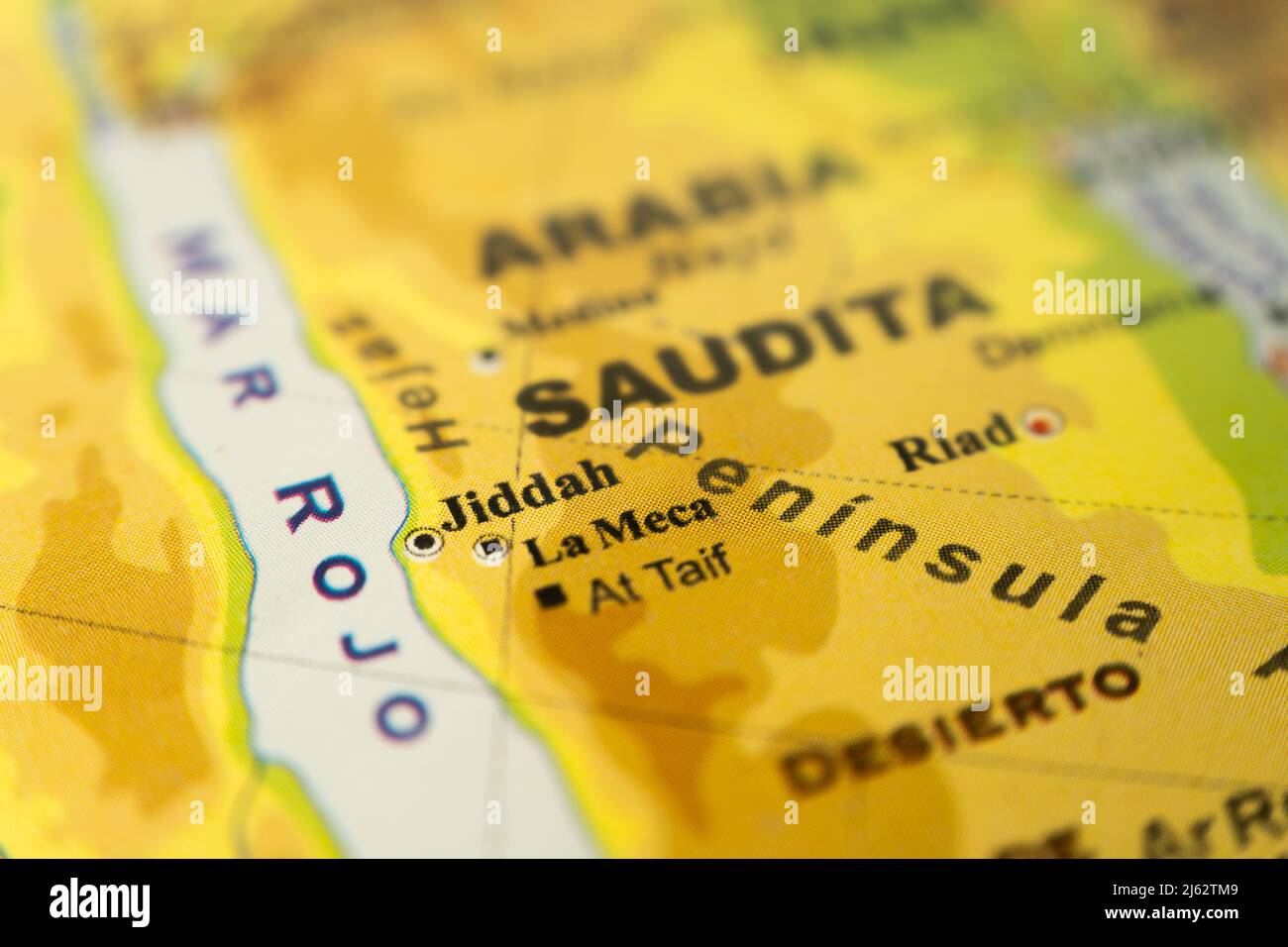 Close-up of the orographic map of Eastern Saudi Arabia, Mecca and Jiddah, with references in Spanish. Concept cartography, Travel, geography. Differen Stock Photo