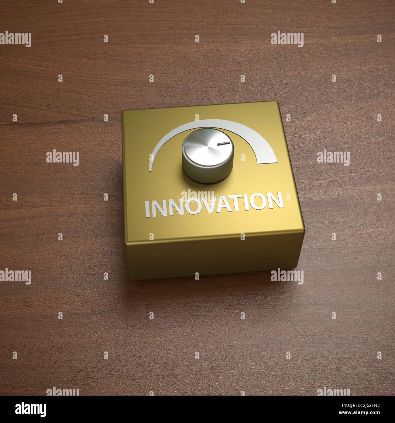 Golden magic box with a metallic Knob turned on full scale with the word 'Innovation' as a label - concept for measures to improve innovation. Box on Stock Photo