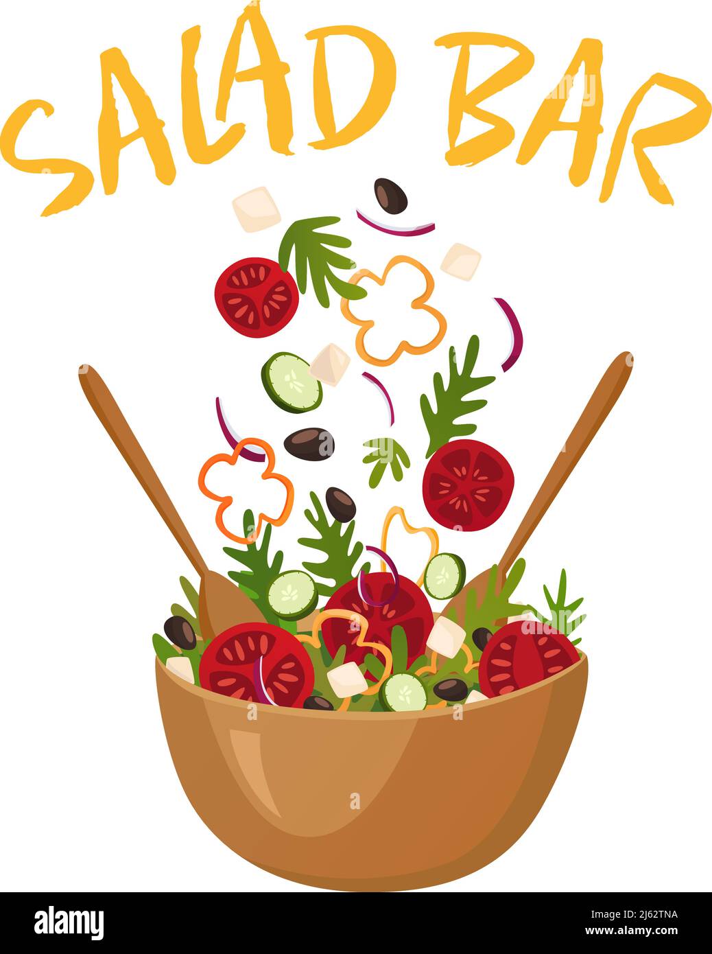 Salad bar composition with wood pot of greek salad for vegetarian menu and health food