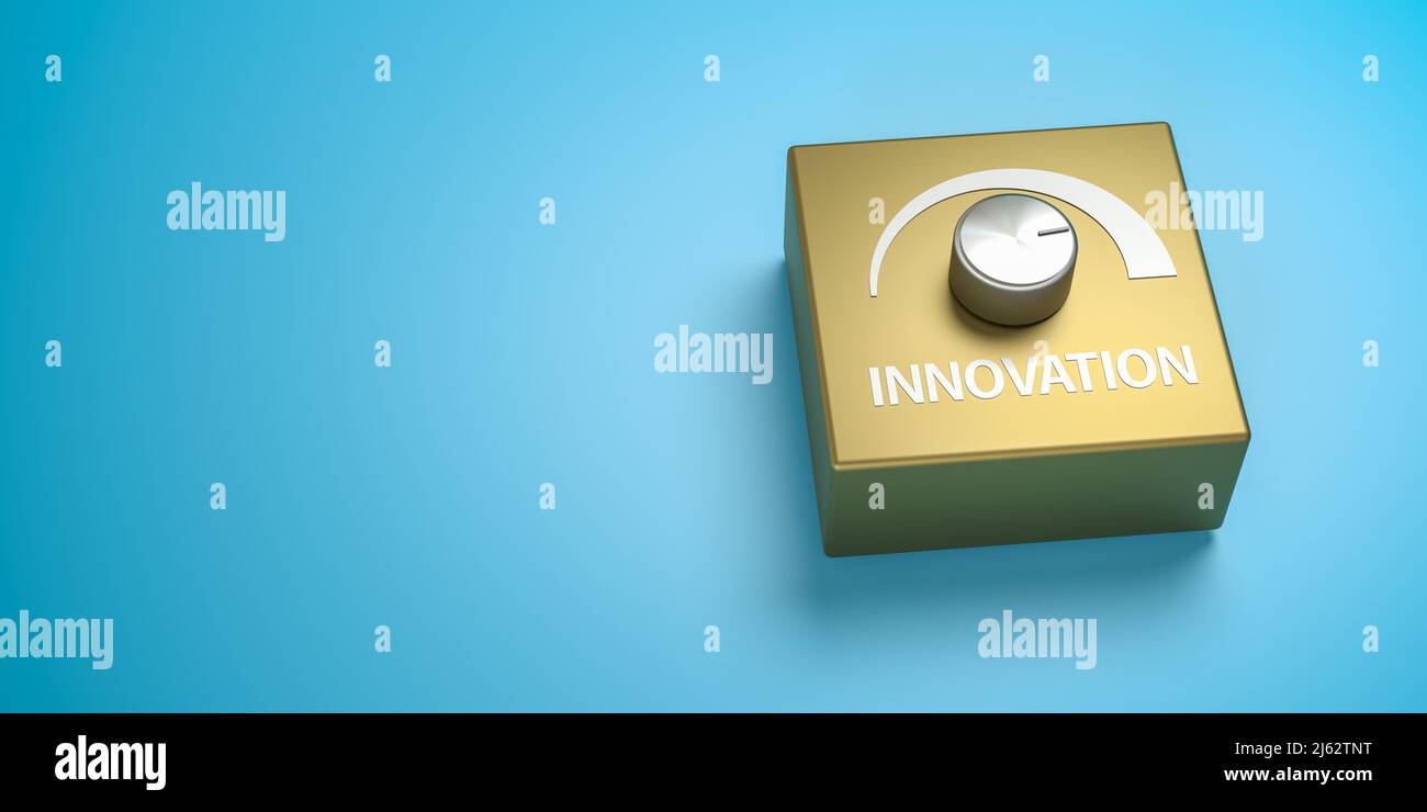 Golden magic box with a metallic Knob turned on full scale with the word 'Innovation' as a label - concept for measures to improve innovation. Web ban Stock Photo