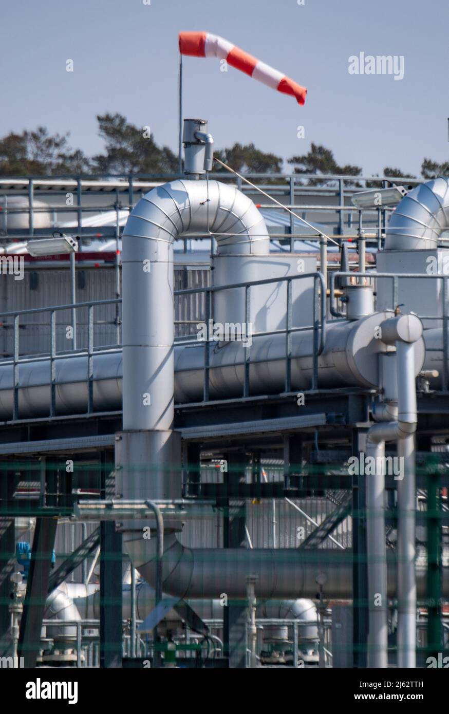Lubmin, Germany. 27th Apr, 2022. View of pipe systems and shutoff