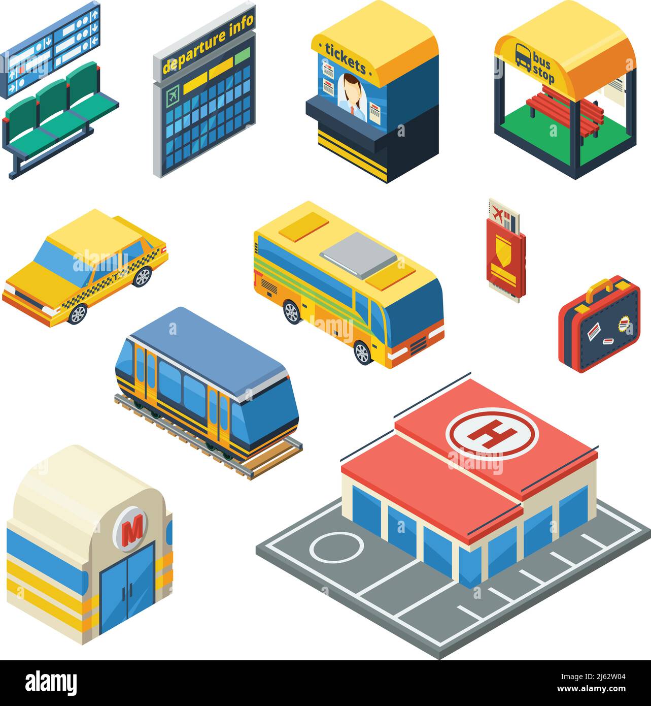 Passenger transportation isometric icons set of taxi bus tram subway station waiting hall with departure scoreboard isolated vector illustration Stock Vector