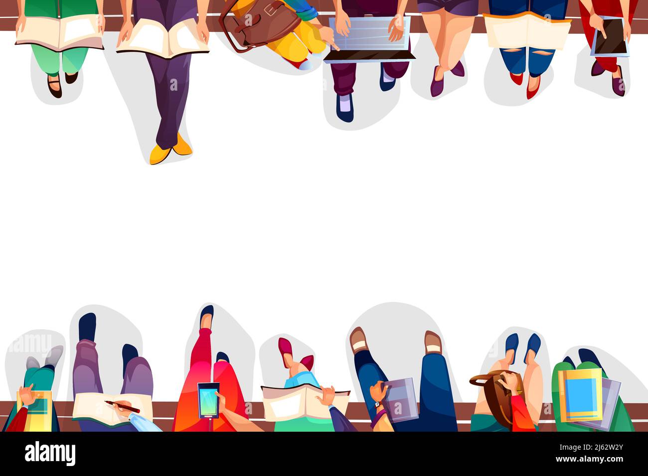 College students sitting on bench vector illustration of university girls and boys with bags, laptops or smartphones and books. Legs top view on white Stock Vector