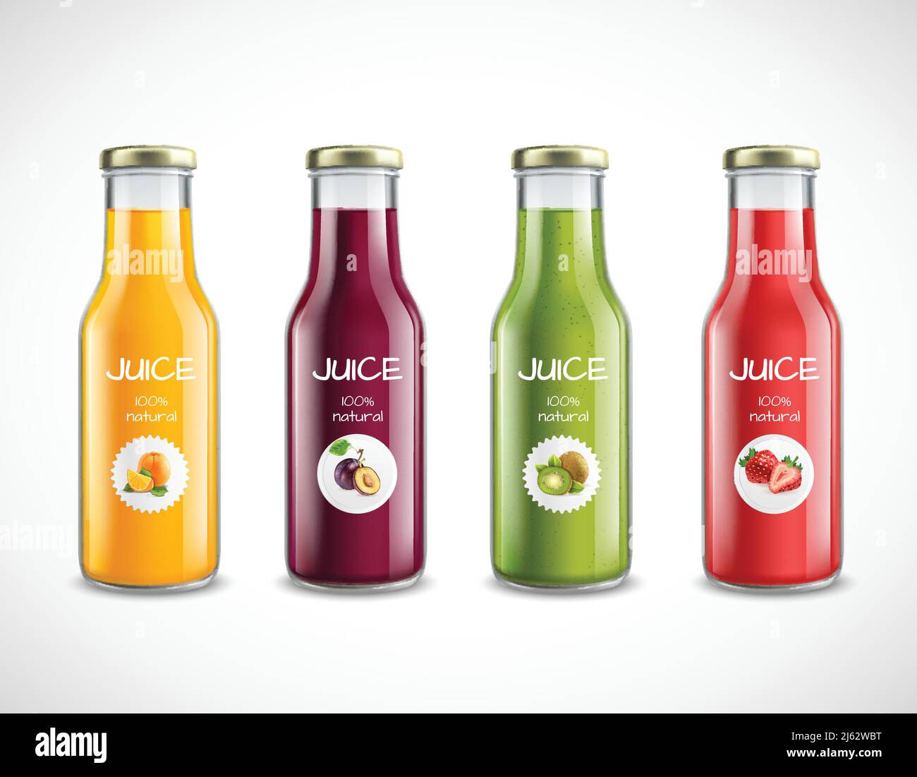 Set of glossy glass bottles with natural fruit juice from orange, plum