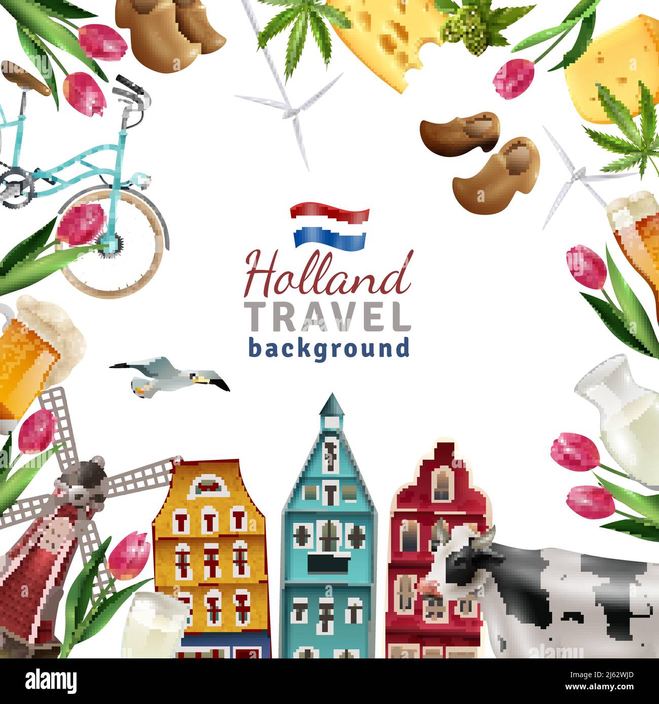 Holland travel cultural and sightseeing  symbols frame background poster with tulips wooden clogs and windmills vector illustration Stock Vector