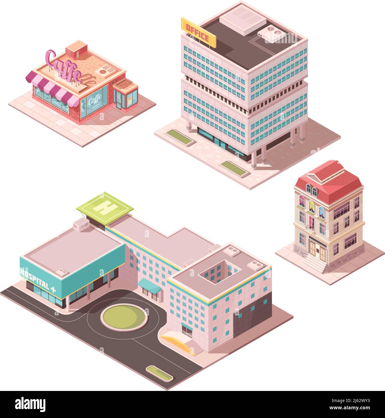 Set of isometric buildings including cafe, office center, residential house, hospital with helicopter pad isolated vector illustration Stock Vector
