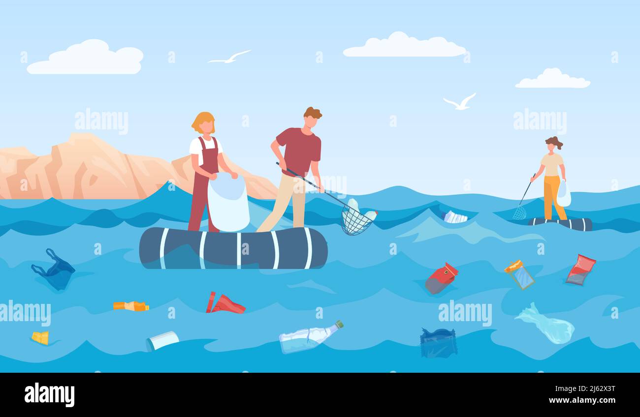 Volunteers cleaning sea, collect trash and plastic Stock Vector