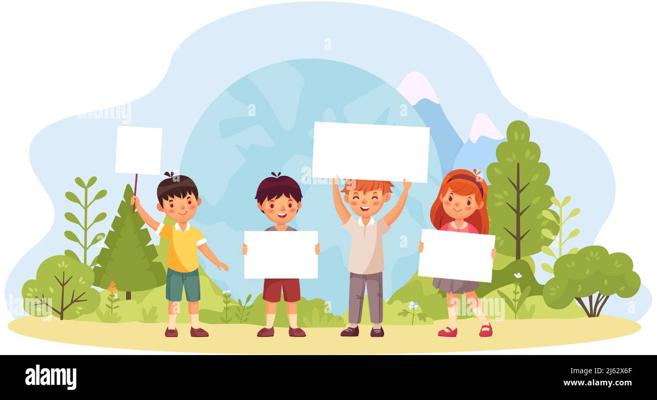Kids with save planet banners in green forest Stock Vector