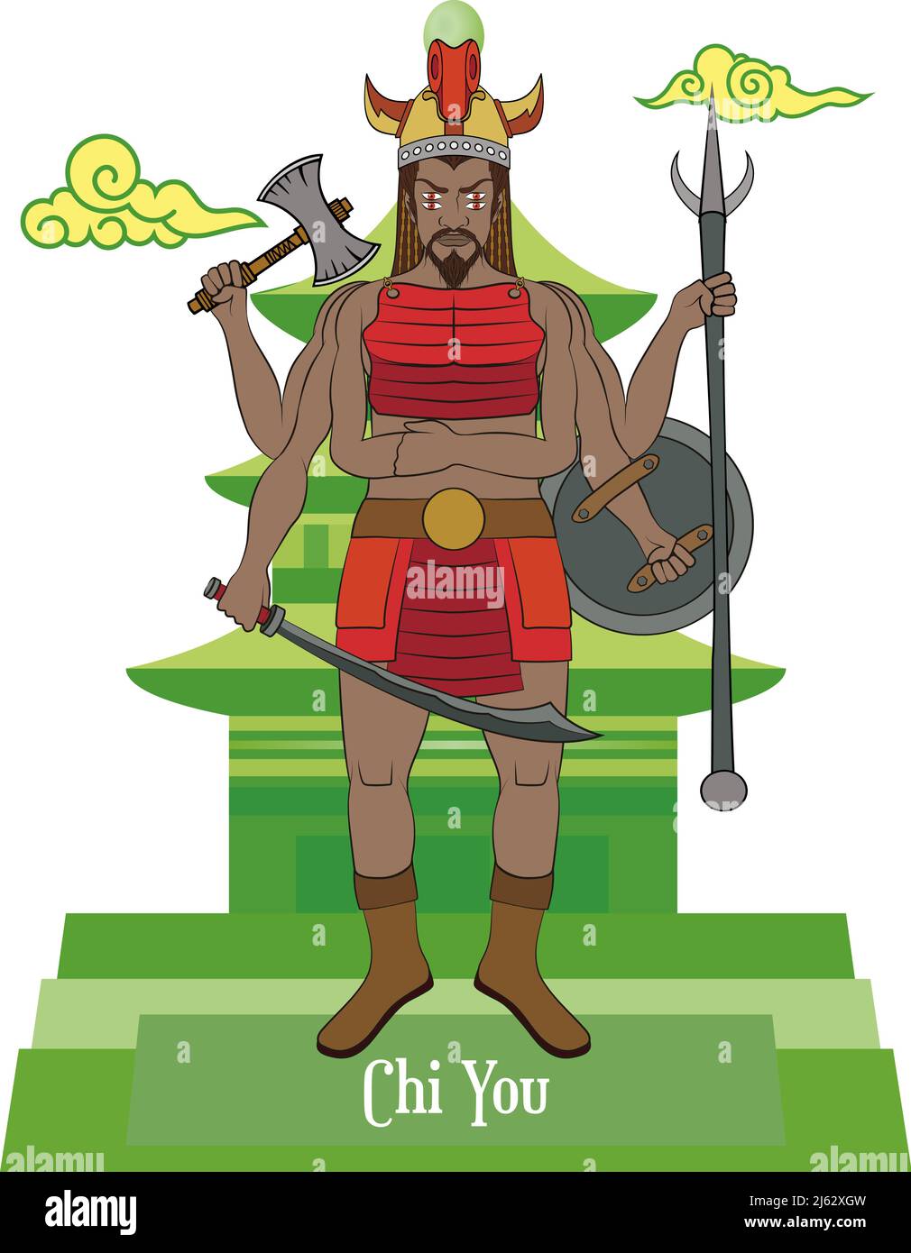 Isolated illustration vector of mythical Chinese god Chi You, god of war, god of weapons. Stock Vector