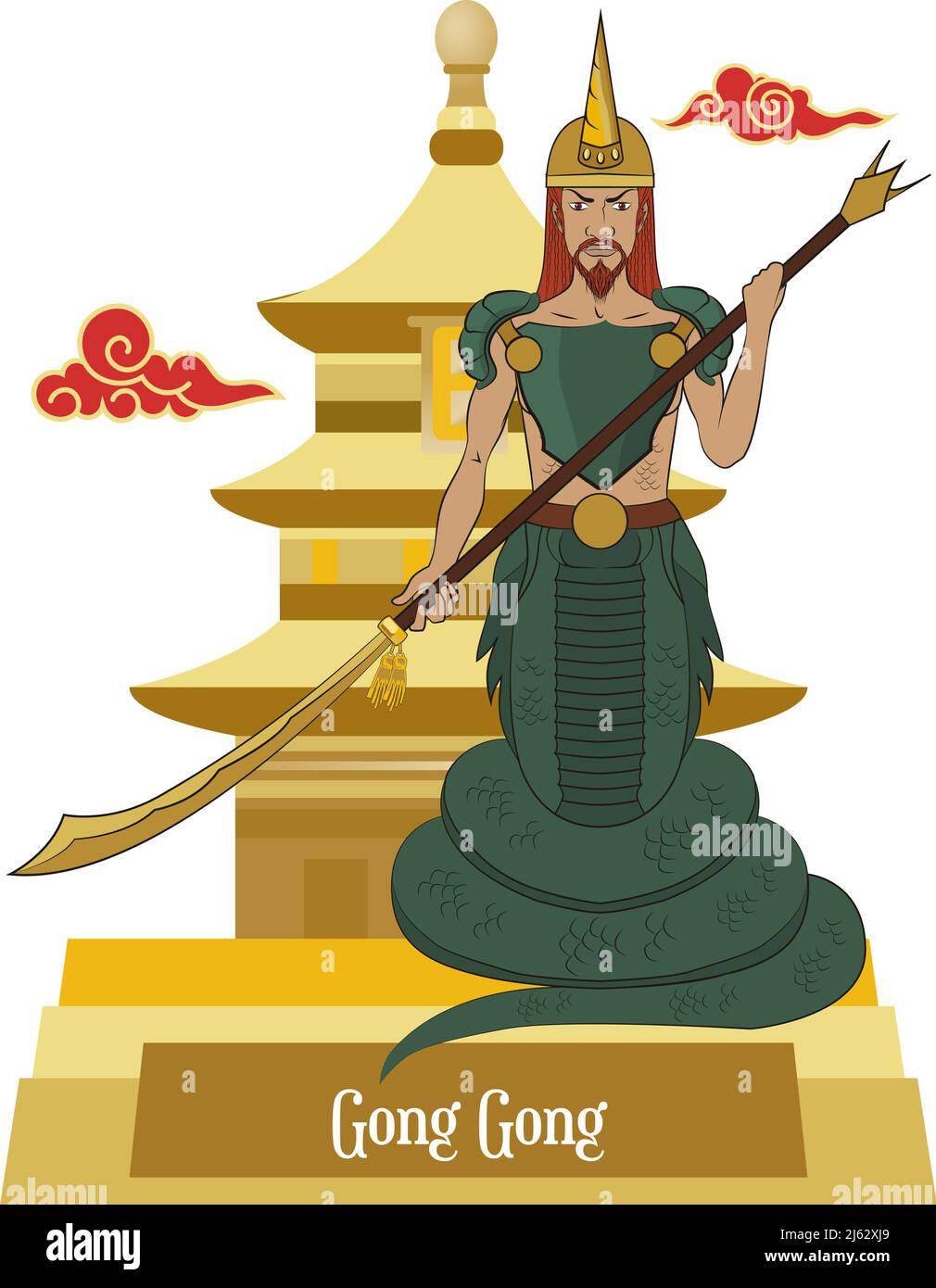 Isolated illustration vector of Chinese mythical god, Gong Gong, Sea and water god. Stock Vector