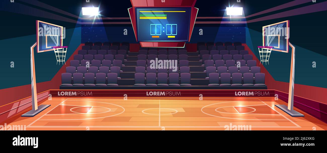Basketball court with wooden floor, scoreboard on ceiling and empty fan