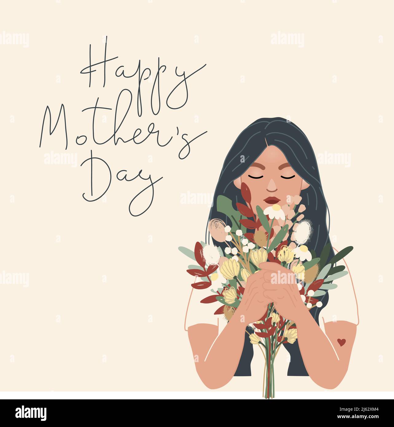 illustration of woman holding bouquet of flowers near happy mothers day ...