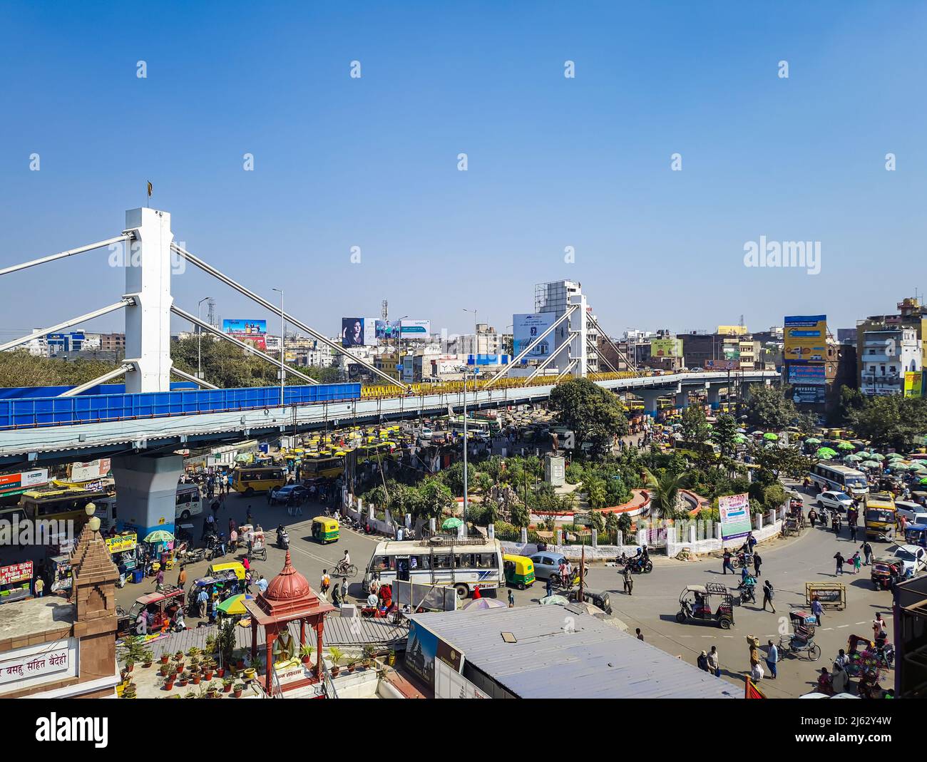 modern city construction with heavy traffic and bright blue sky at morning image is taken mahavir temple patna bihar india on Apr 15 2022. Stock Photo