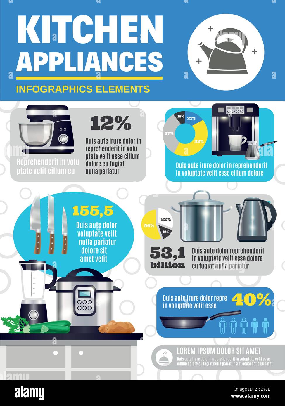 Kitchen appliances infographics with coffee machine, food processor