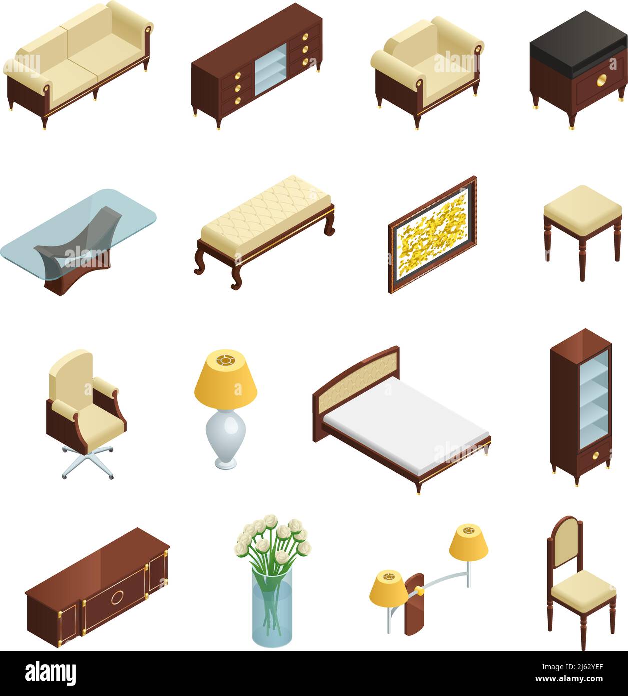 Luxury interior isometric elements set for bedroom living room and ...