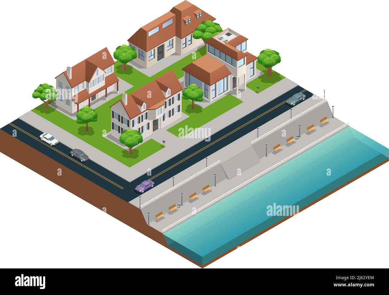 Isometric composition with suburban houses near embarkment on white ...