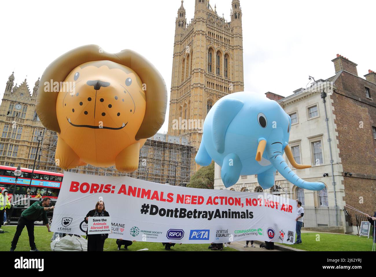 London, UK. 27th Apr, 2022. Animal welfare organisations gathered outside the Houses of Parliament flying huge lion and elephant balloons as the government is reported to drop the Animals Abroad Bill. The organisations are calling on the government to protect animals abroad. Credit: Uwe Deffner/Alamy Live News Stock Photo