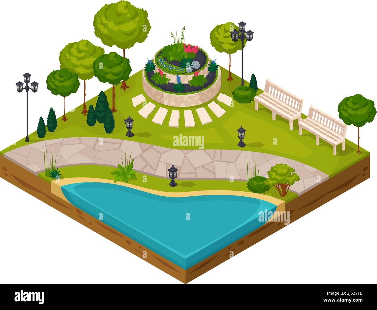 Isometric fragment of park landscape constructor with pond flowerbed ...