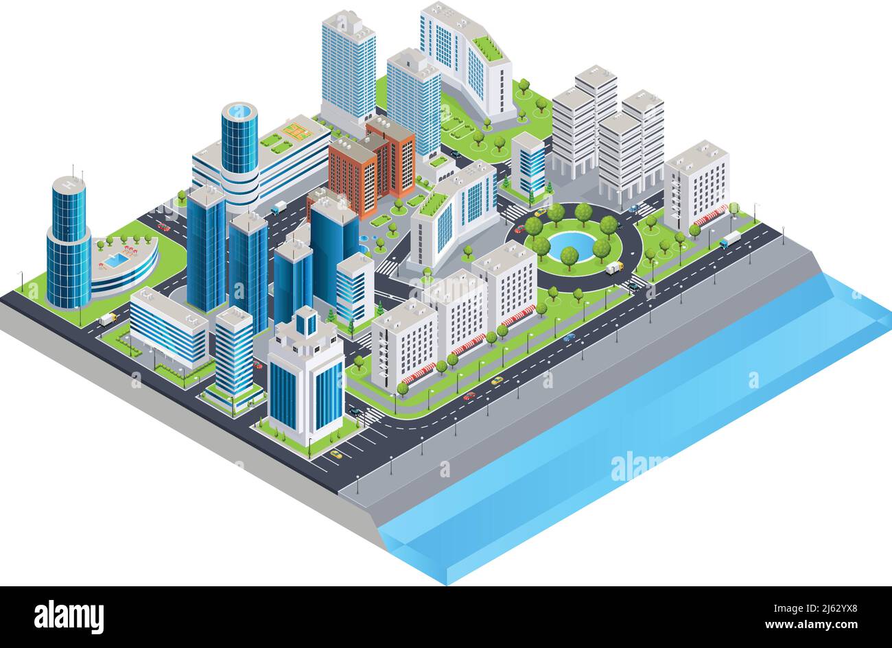 Isometric city composition with modern skyscrapers cars on streets ...