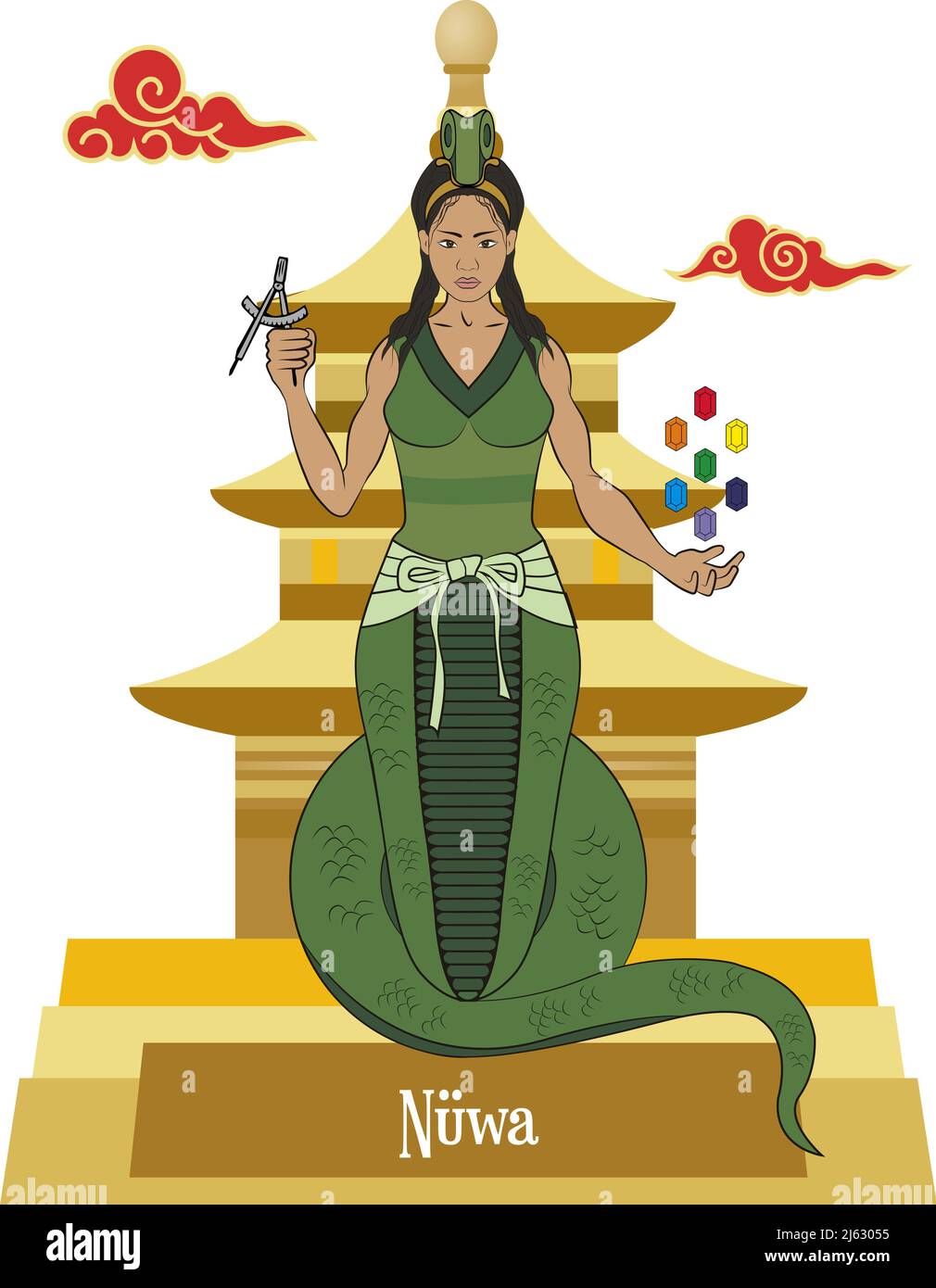 Isolated illustration vector of mythical Chinese god, Nuwa, Nüwa, Mother Goddess, Mother of human. Stock Vector
