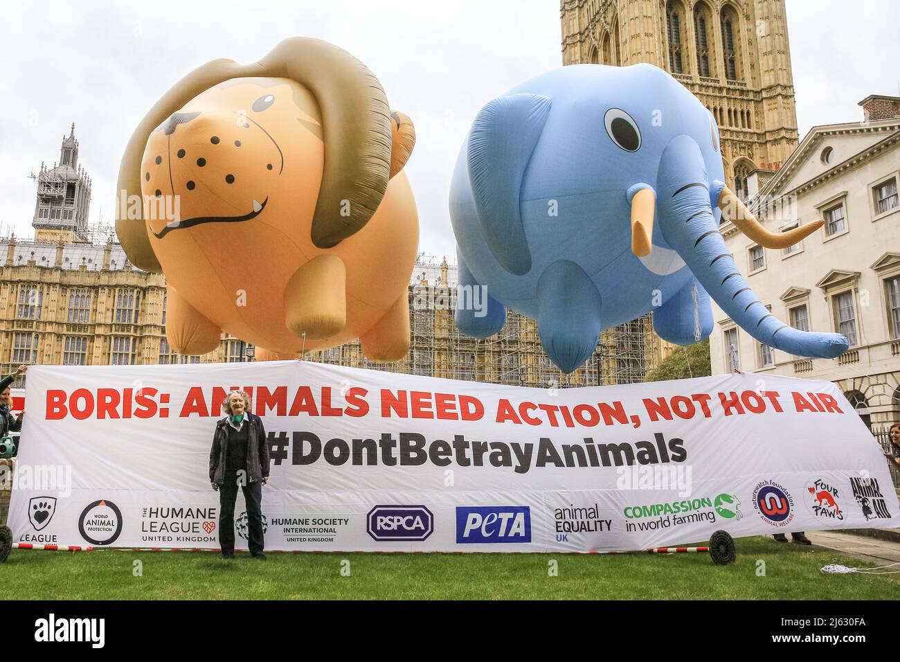 London, UK. 27th Apr, 2022. Giant elephant and lion balloons float by Parliament in support of the Animal Protection Bill, following reports that the government may drop the Animals Abroad Bill. PETA and other animal welfare organisations call on Boris Johnson to remain committed to the bill. The protest has the support of several cross party MPs. Credit: Imageplotter/Alamy Live News Stock Photo