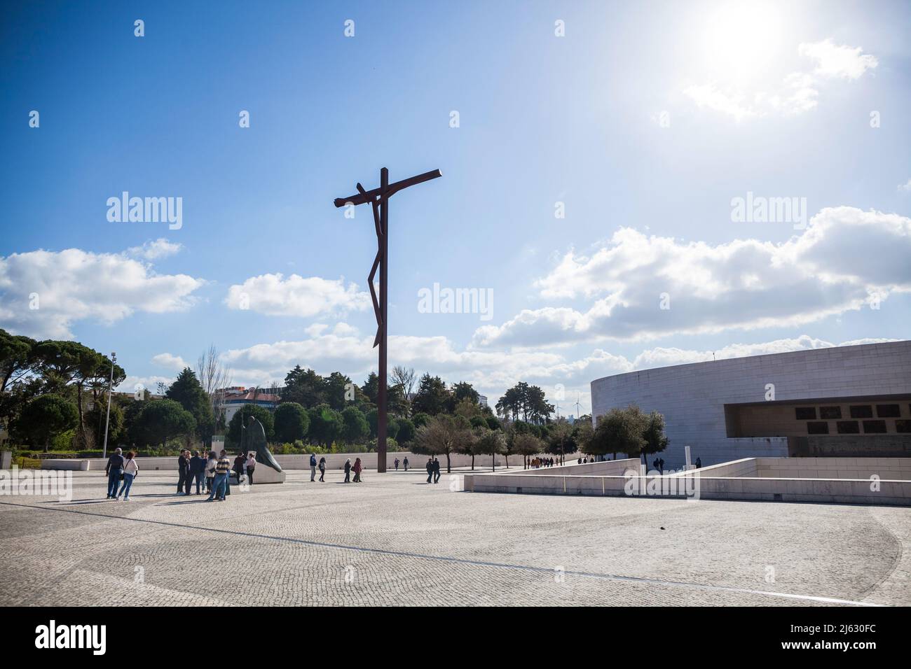 Basilica of the Holy Trinity with the high cross in Fatima Portugal Stock Photo