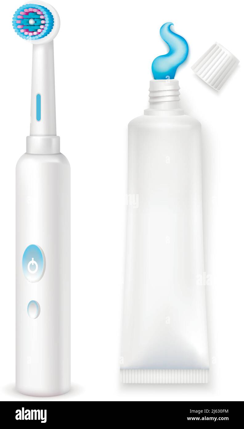 Hygiene decorative icons set of electric toothbrush and toothpaste tube ...