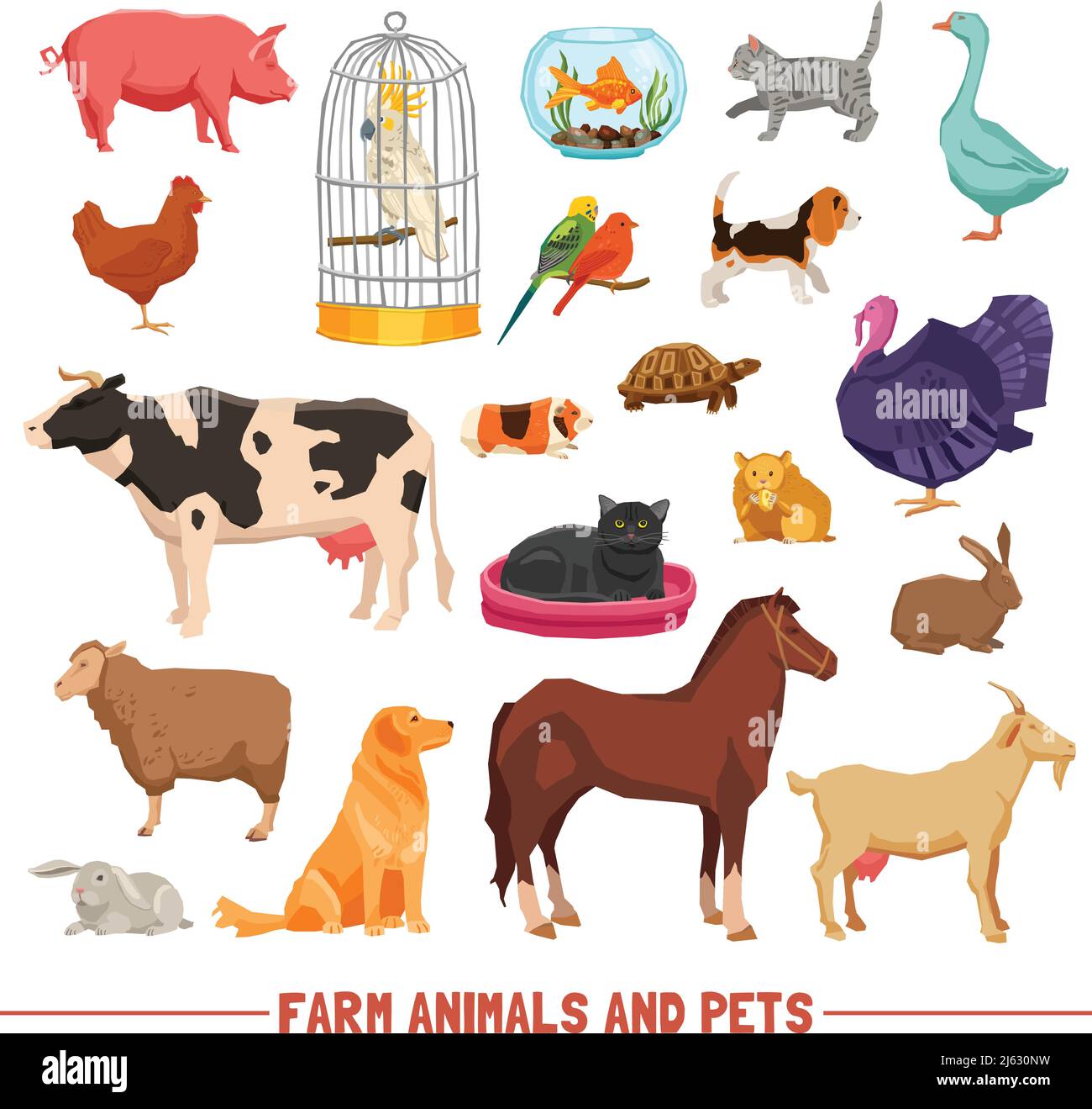 Big and small farm animals birds and home pets on white background flat isolated vector