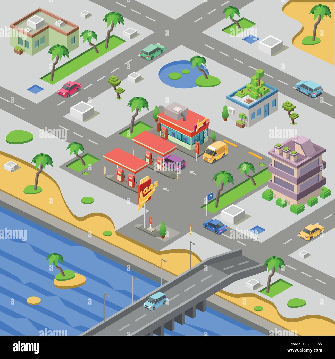 Gas station and city map isometric 3D vector illustration. Isometric ...