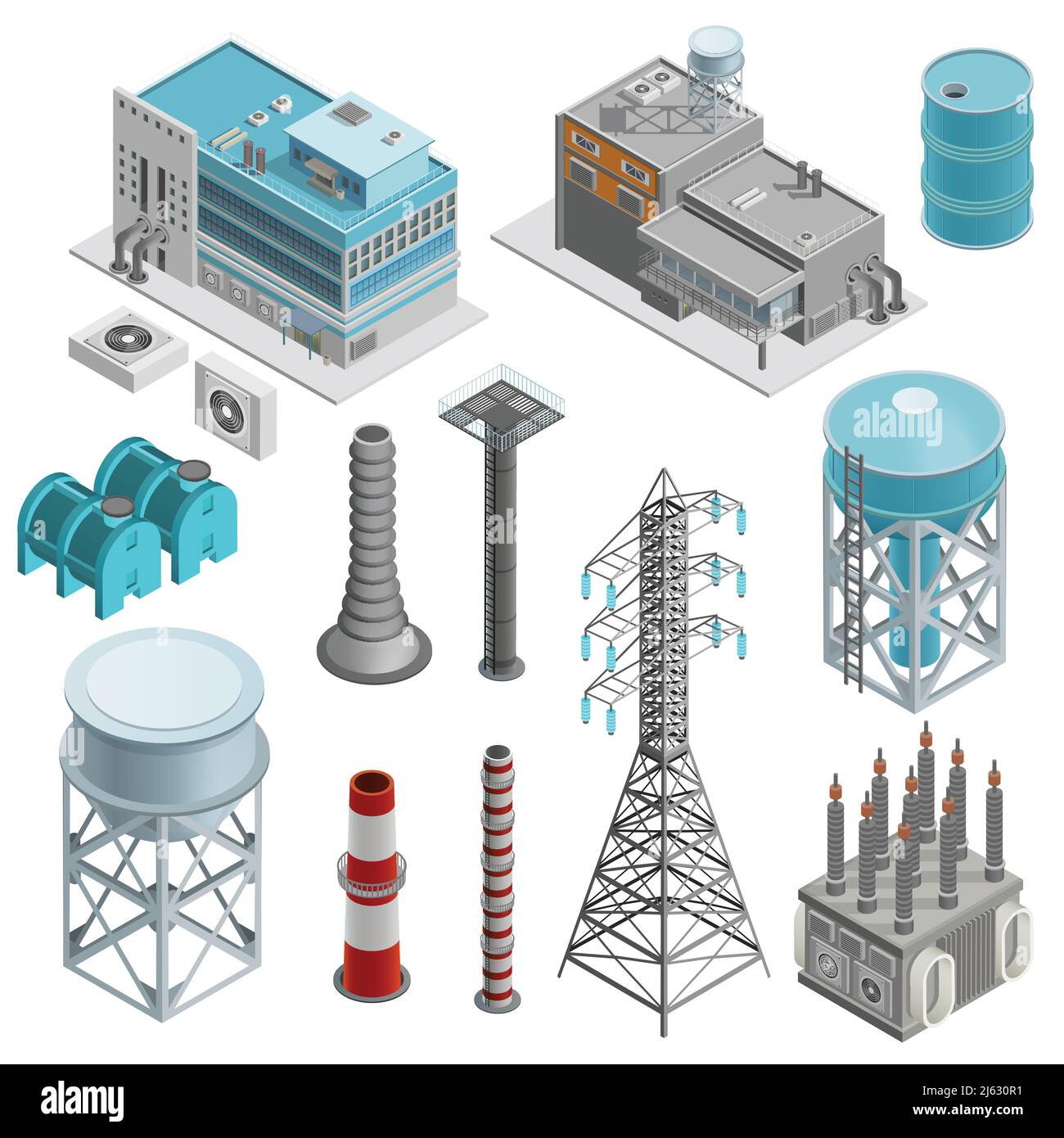 Industrial buildings isometric icons set with elements of power station boiler plant and power line supports vector illustration Stock Vector