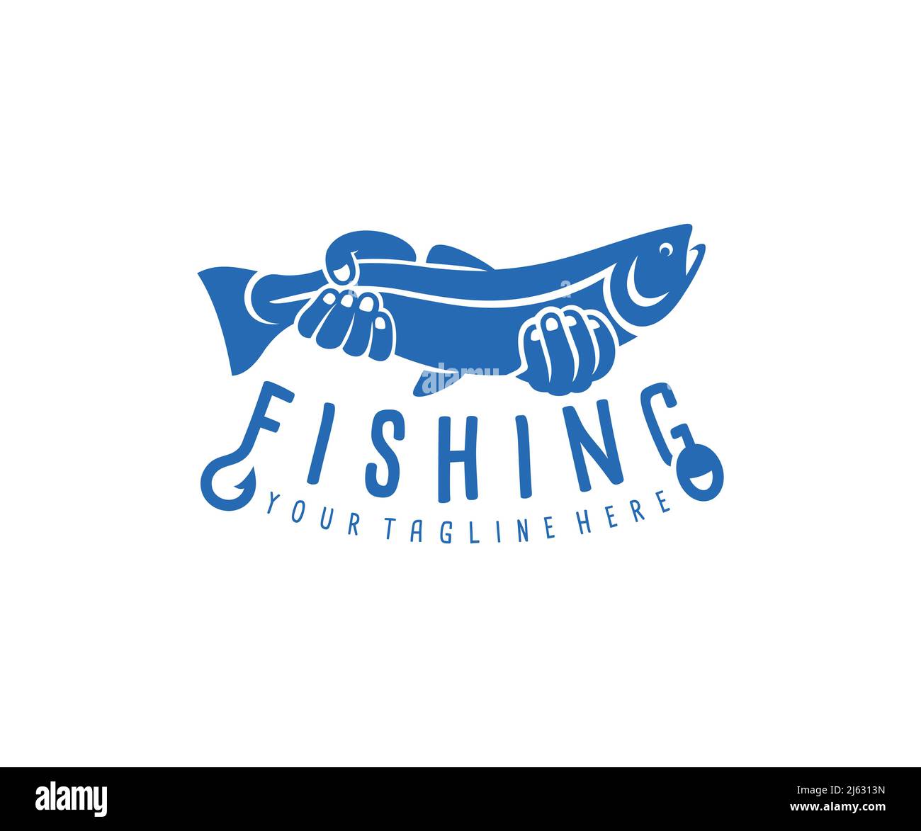 Fishing, fisher or fisherman holding fish, logo design. Fishing tackle, hook and float, vector design and illustration Stock Vector