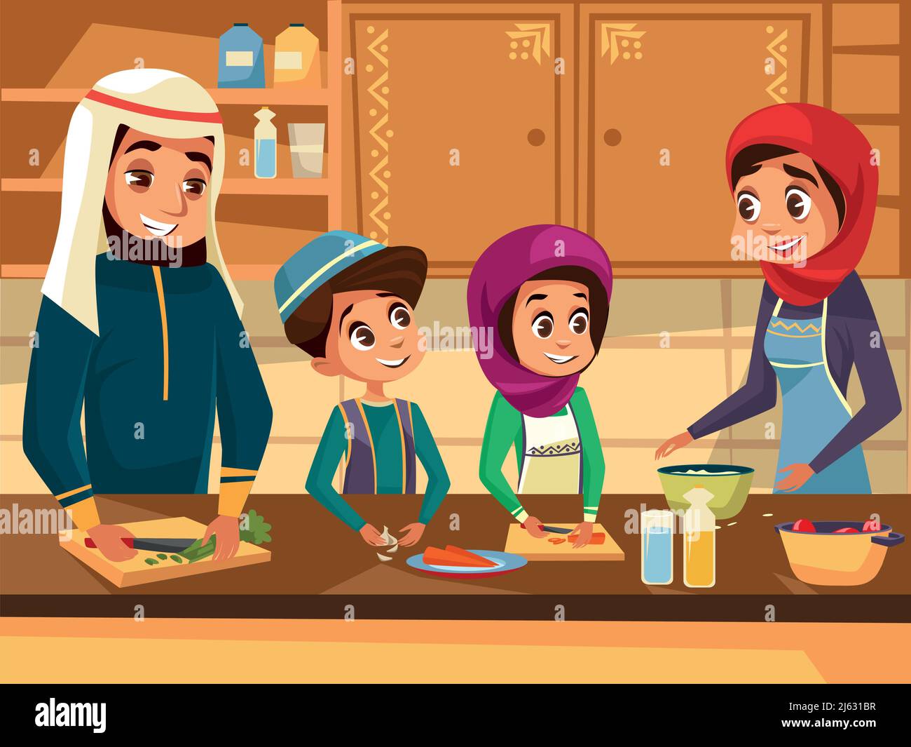 Arab family cooking together at kitchen vector cartoon flat illustration. Muslim family of father and mother with daughter and son children preparing Stock Vector