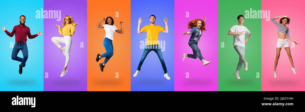 Collage of emotional young people jumping on colorful studio ...