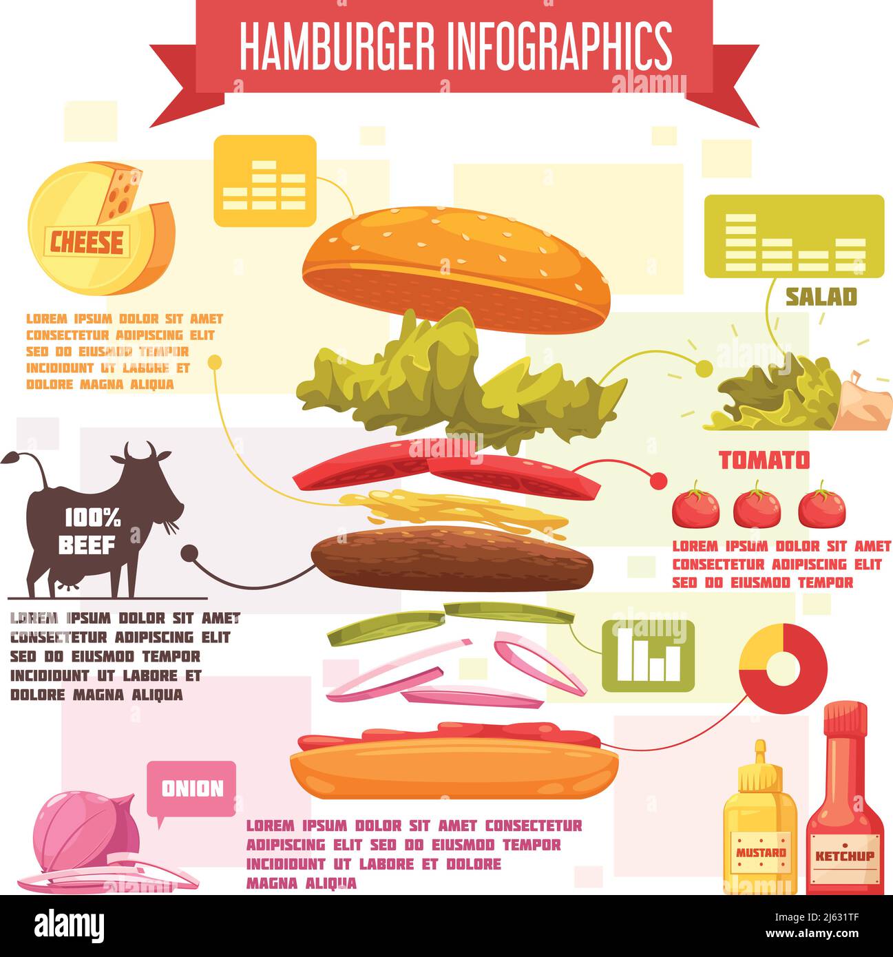Hamburger retro cartoon infographics with charts and information about ingredients and sauces on textured background vector illustration Stock Vector