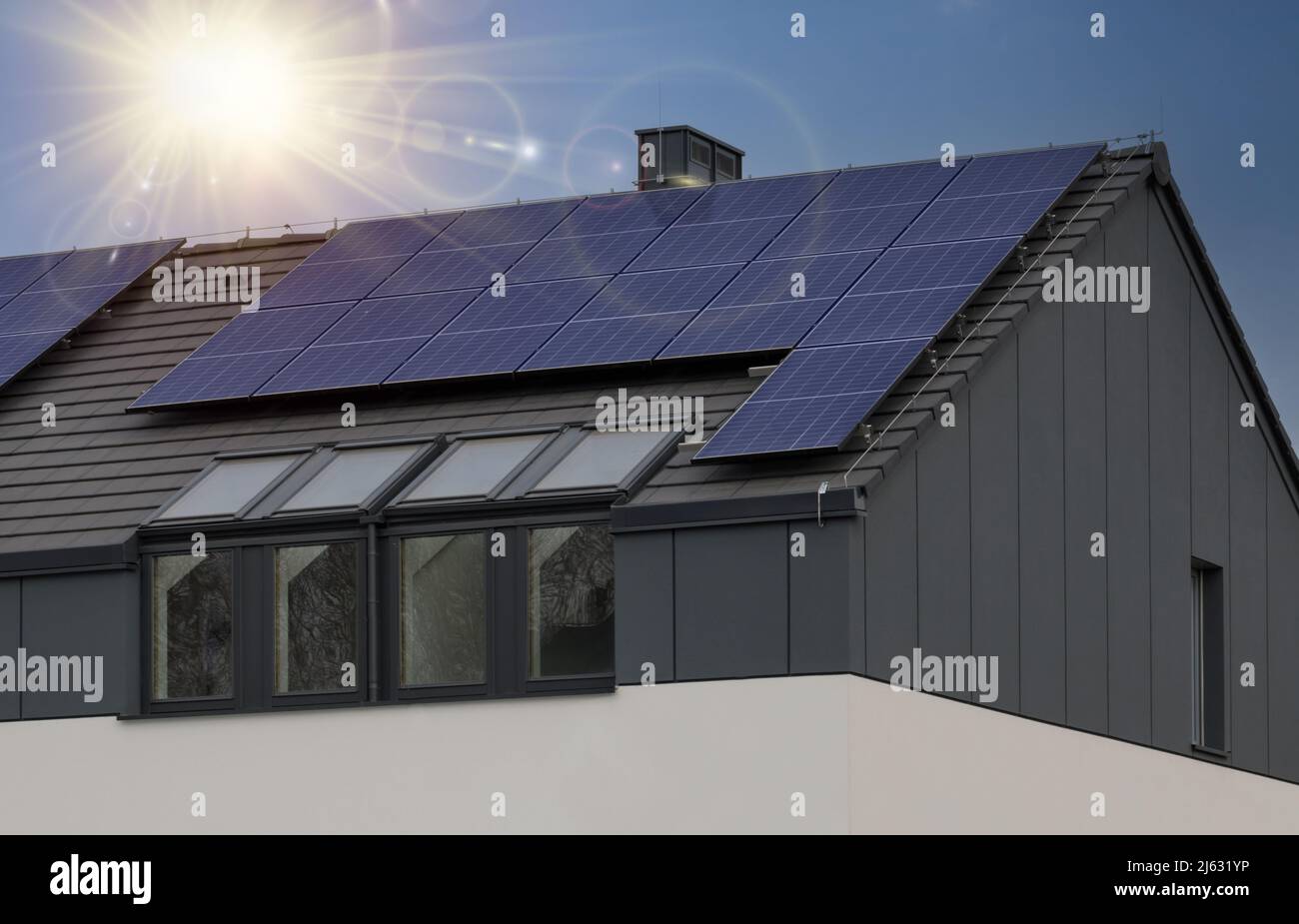 Image showcasing Solar panels will give the roof of a modern Scandinavian style house ...