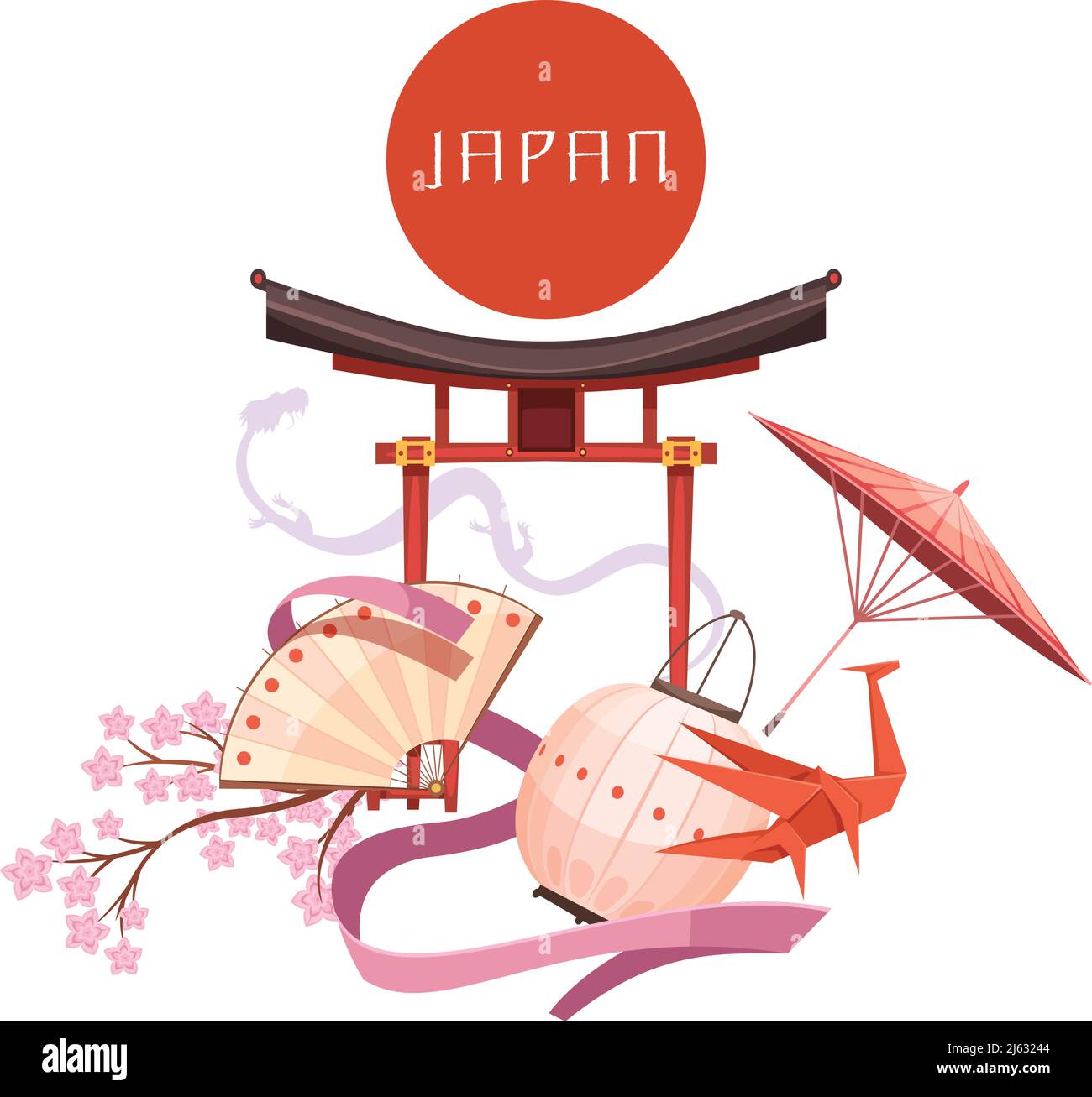 Japanese culture elements including red circle religious shrine sakura