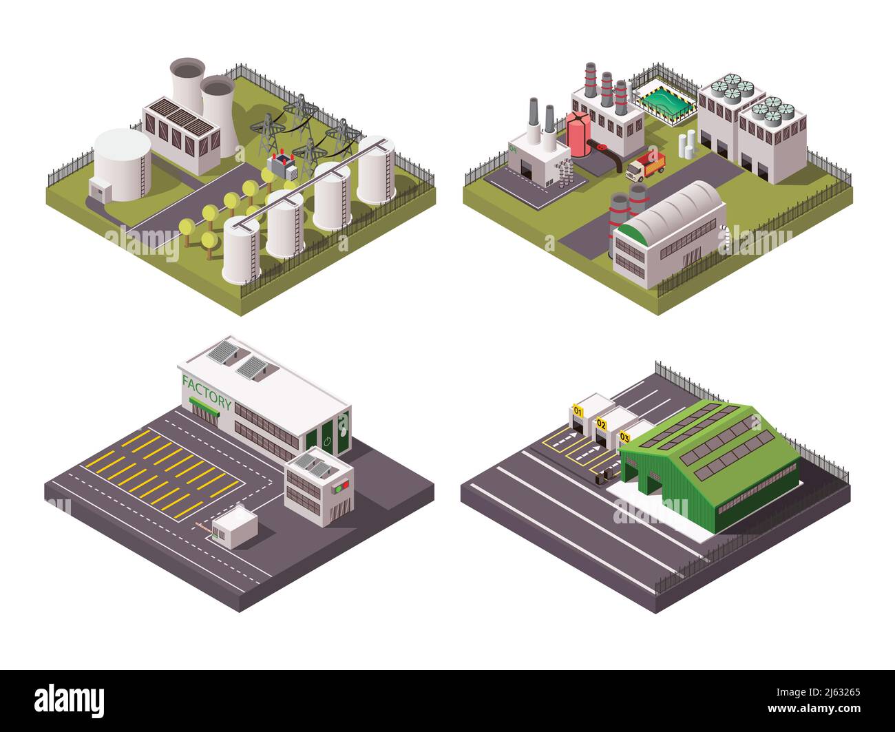 Rural and urban factory industrial buildings 2x2 isometric composition set isolated on white background 3d vector illustration Stock Vector