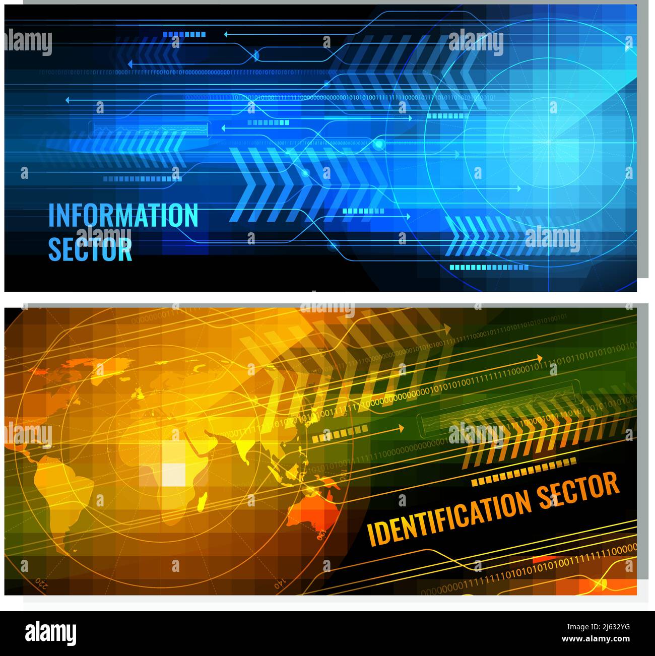 Search radar horizontal banners with glowing screen elements including information sector and world map isolated vector illustration Stock Vector