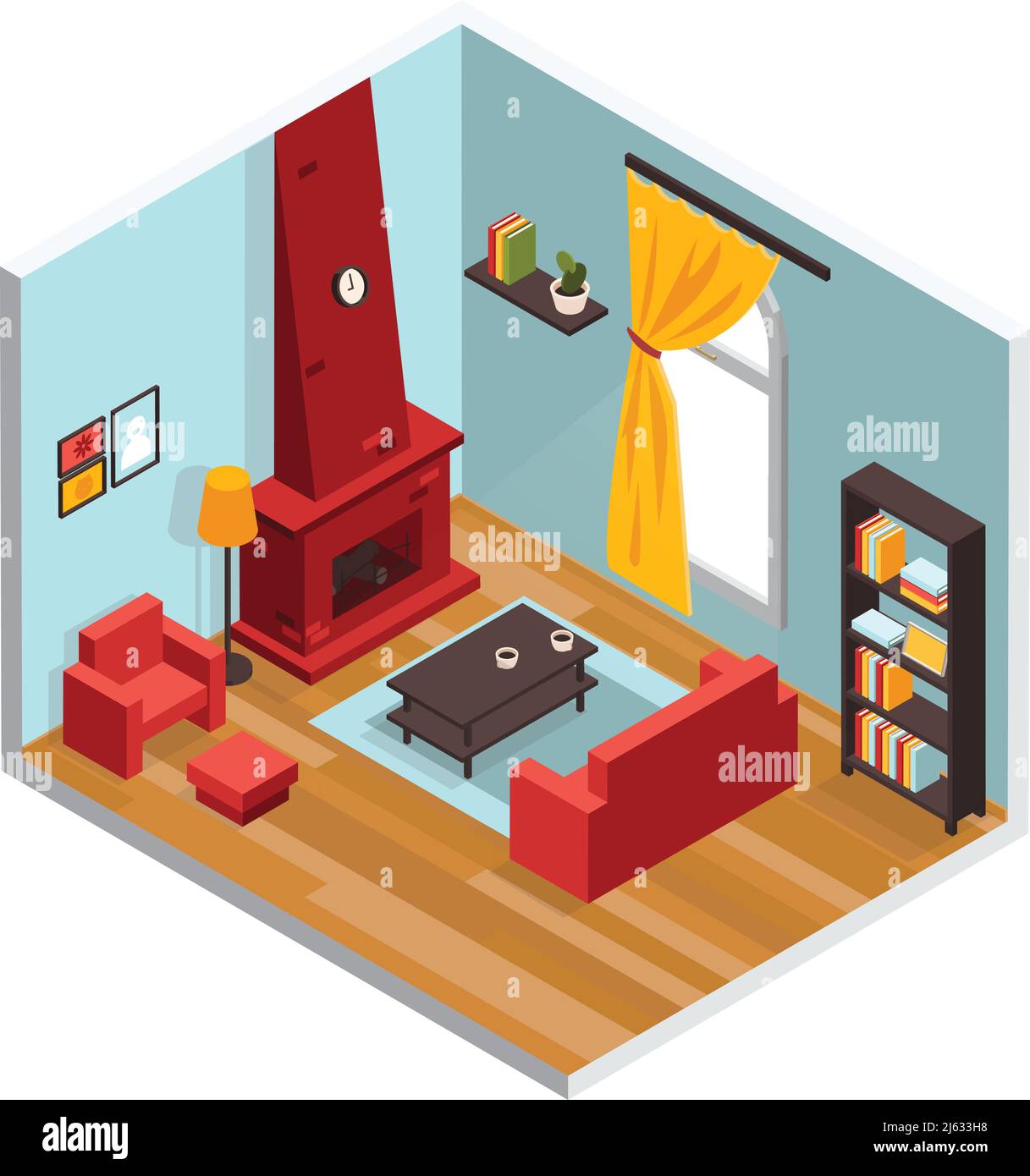 Living room interior concept with sofa fireplace and armchair isometric ...